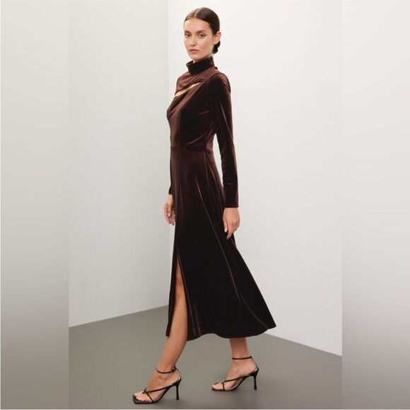 Rene Ruiz Collection Chocolate Brown Velvet Cut Out Midi Dress Long Sleeve Sz. 6 - Picture 2 of 13